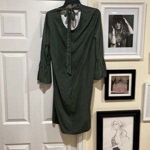 Army green dress.  Lightweight material. Bow at neck and bells for sleeve ends